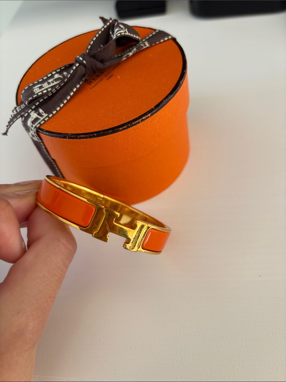 Authentic Hermes Orange Enamel H Bracelet with Gold Hardware - Picture 4 of 6